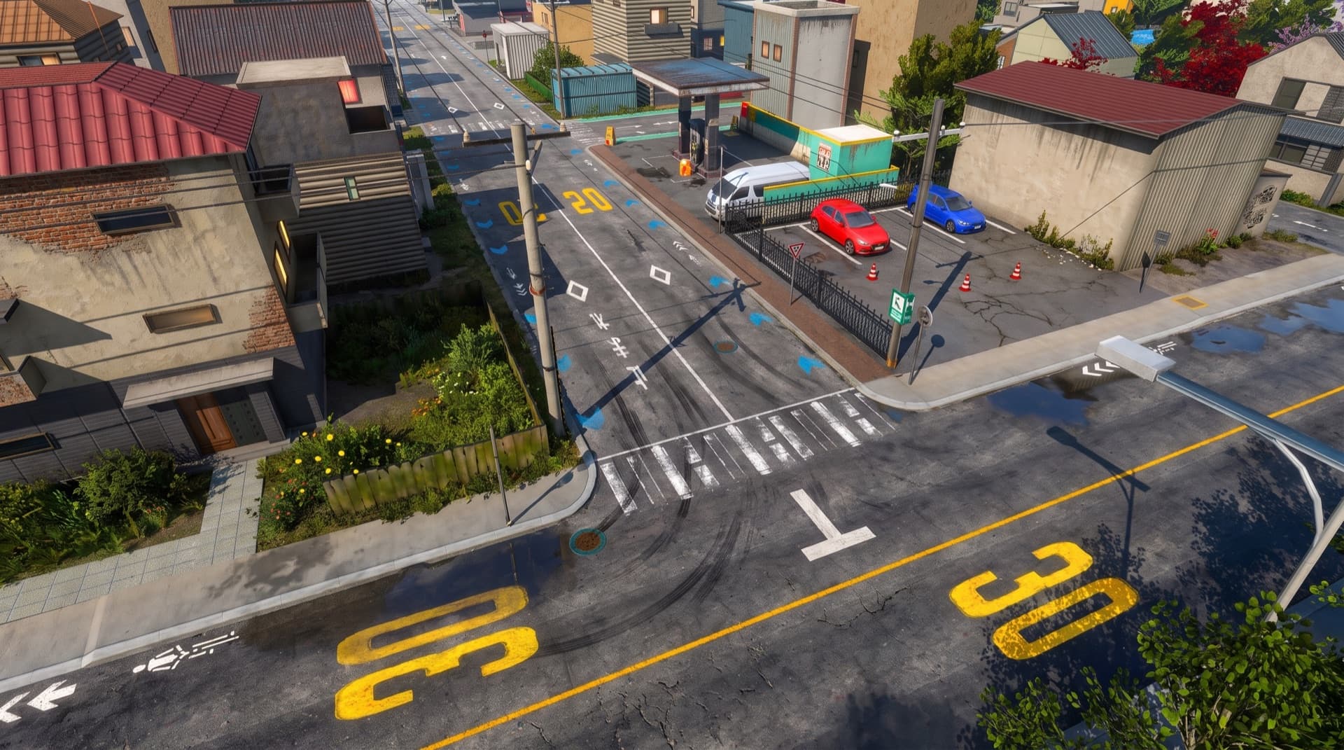 Traffic Racer Pro Drift Mansion — aerial view of a town intersection with painted speed limit markings, houses and parked cars