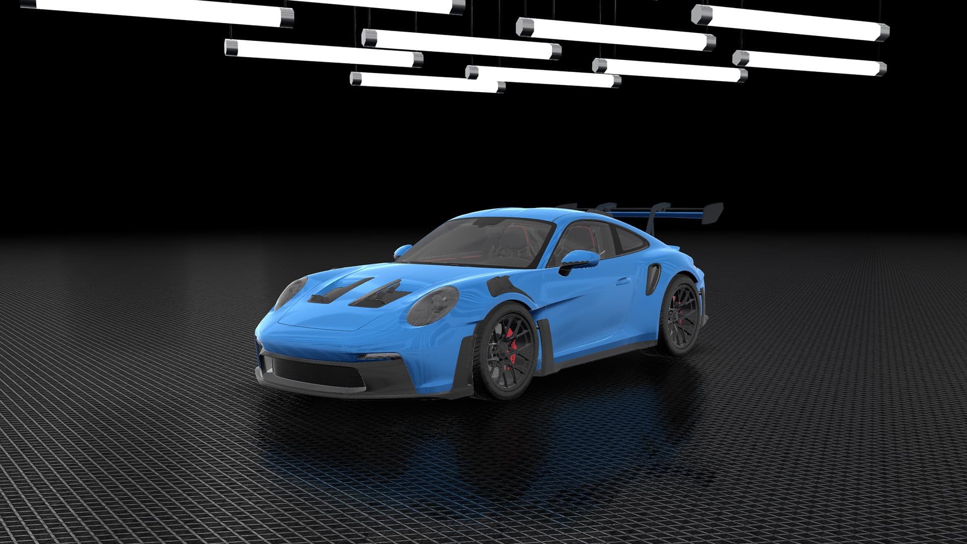 Traffic Racer Pro new car — a blue track-focused sports car with a big rear wing and black wheels in a dark studio