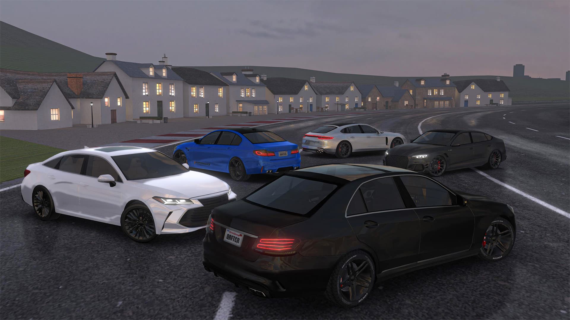 Several players parked together at night in a village in Real Car Parking 2 multiplayer