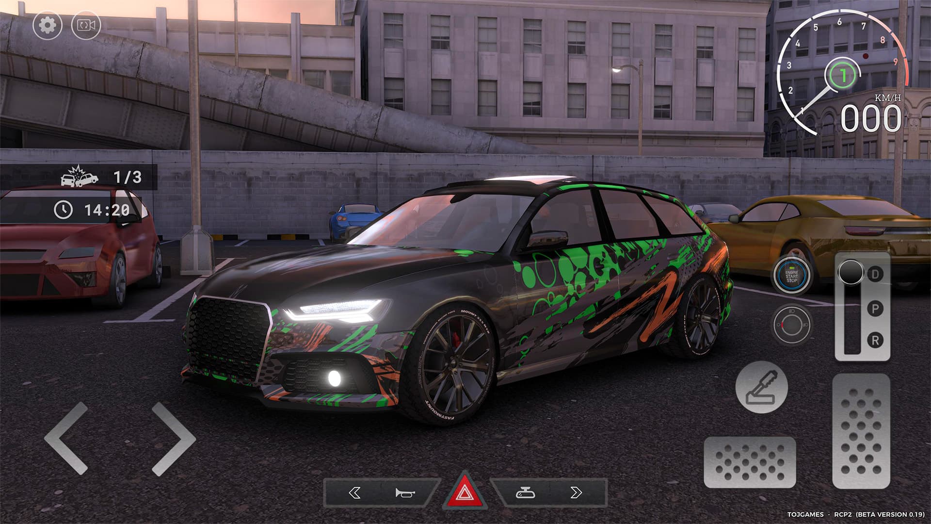 Custom wrapped Audi RS6 Avant during a timed parking challenge in Real Car Parking 2, with the timer and lot visible