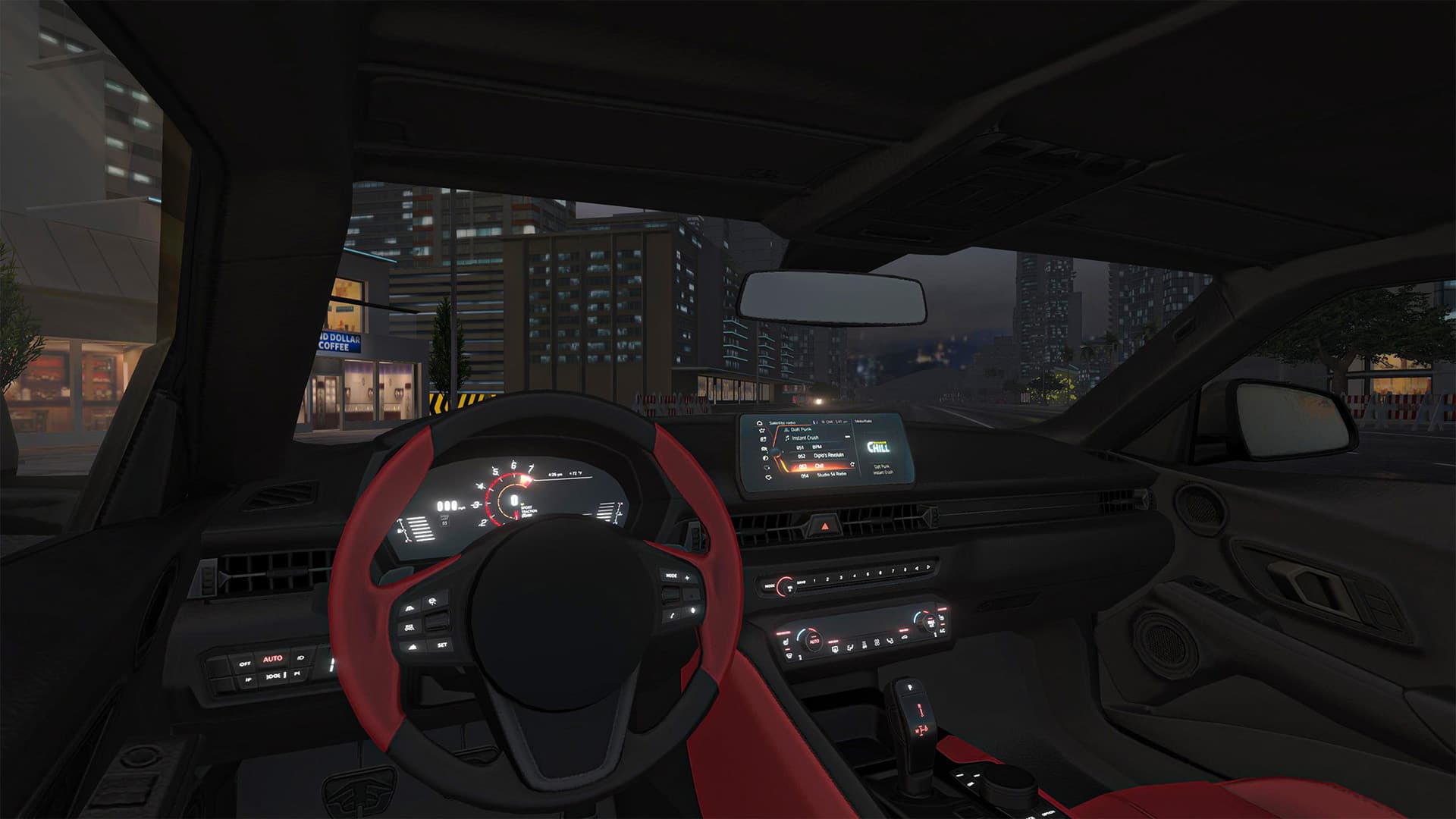 First-person cockpit view at night in Real Car Parking 2 with a detailed dashboard, red leather interior, and city lights through the windshield