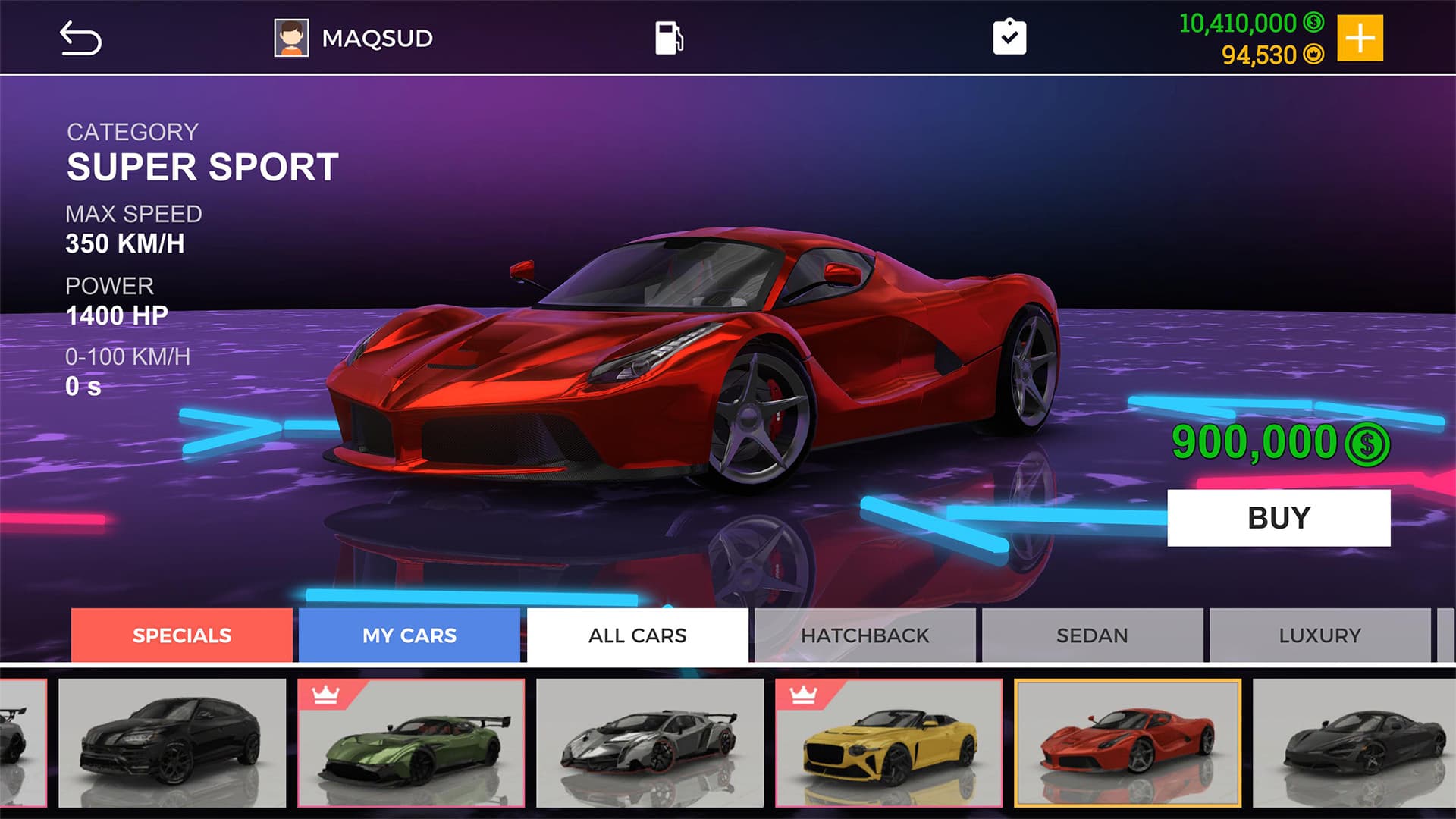 Real Car Parking 2 garage screen showing a red super sport car with 350 km/h top speed and 1400 HP stats