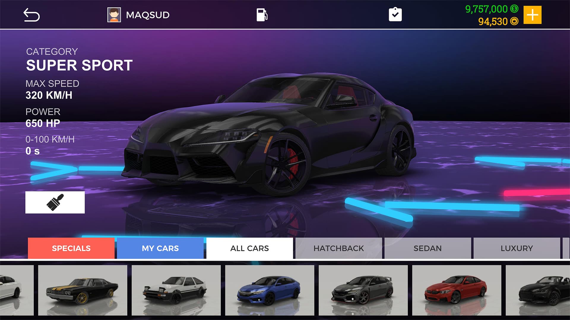 Real Car Parking 2 garage showing a black Toyota Supra in the customization area