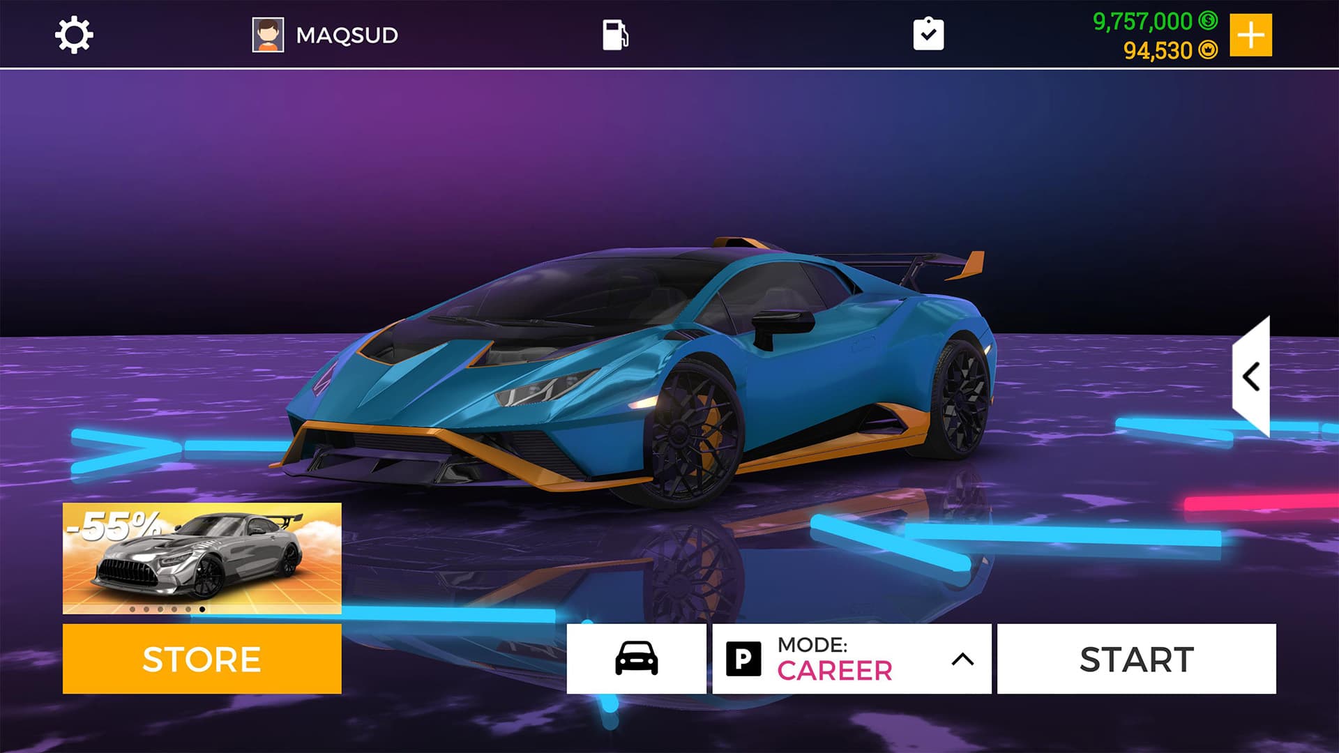 Real Car Parking 2 garage showing a blue Lamborghini Huracan STO with the career mode start button