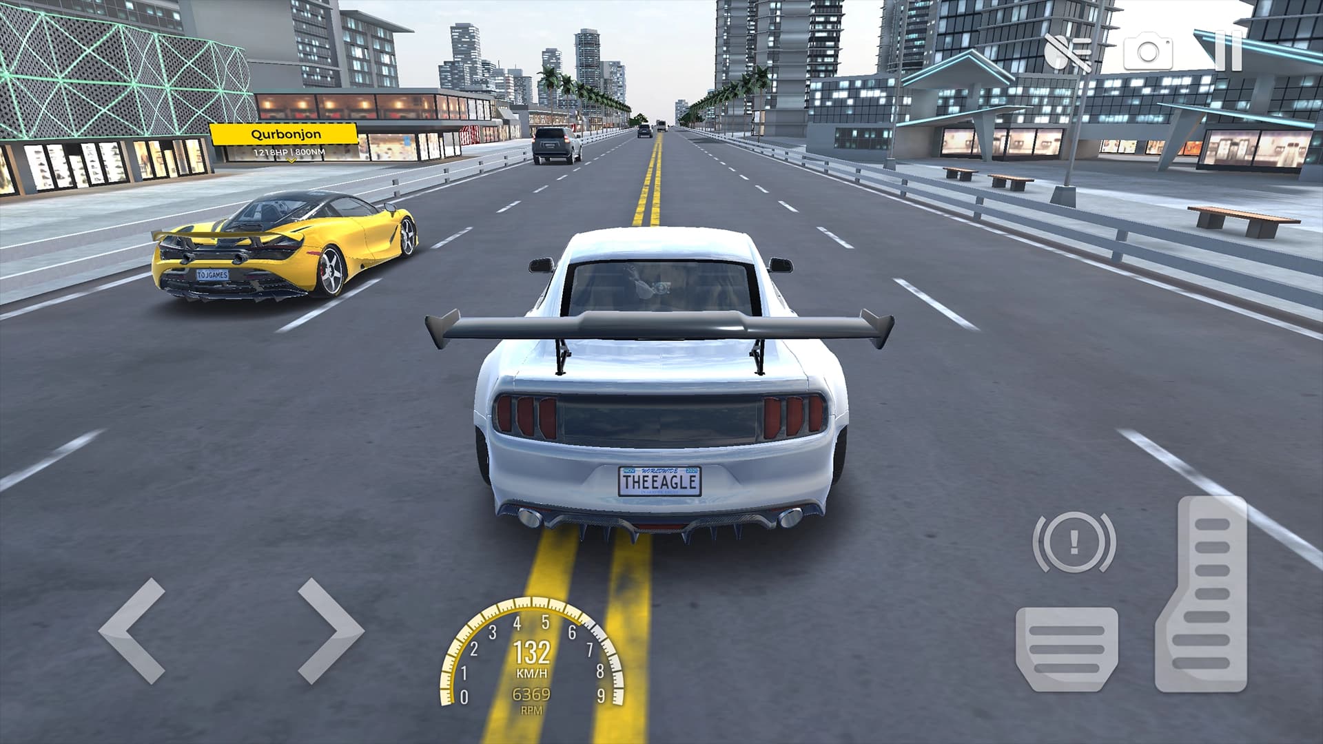 Traffic Racer Pro mobile gameplay — white muscle car and yellow supercar racing side by side through city highway traffic