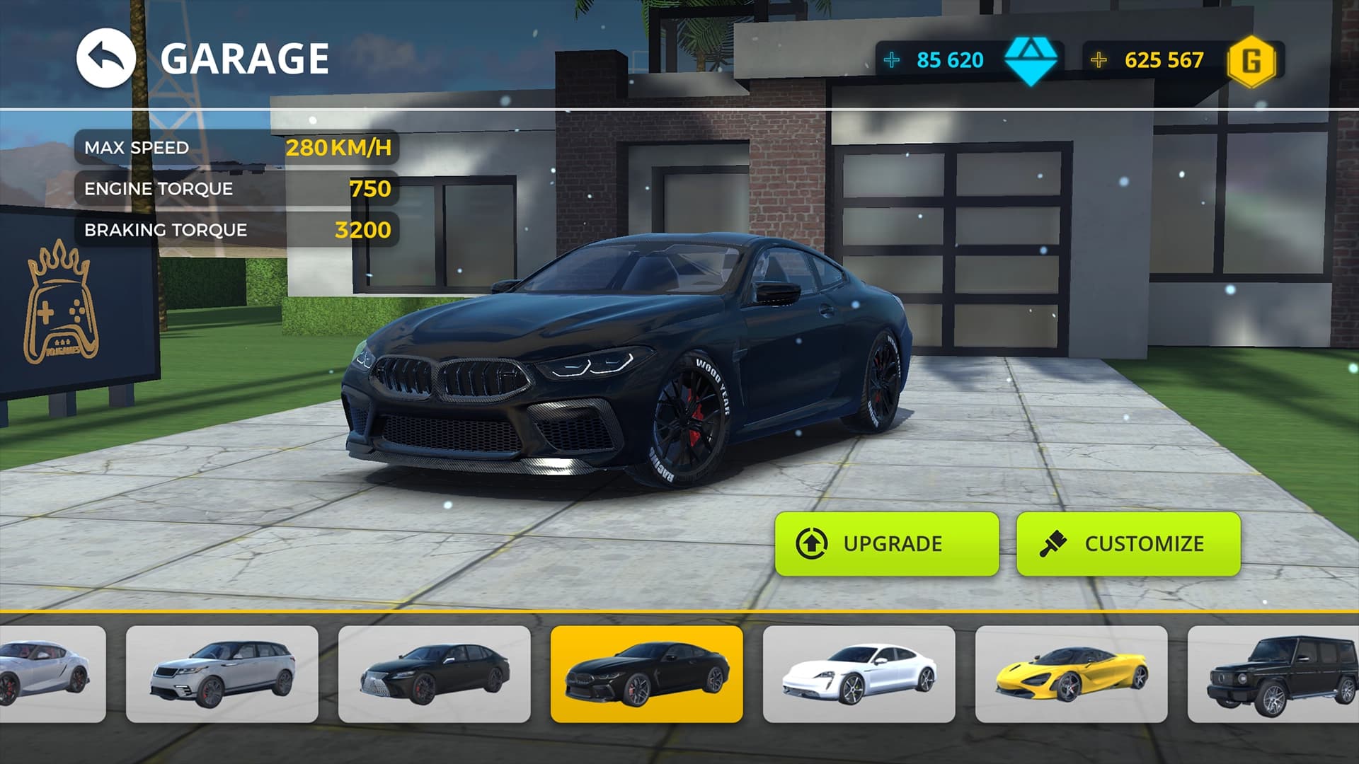 Traffic Racer Pro гараж — чёрный BMW M8 с характеристиками максимальной скорости, крутящего момента и тормозов, кнопки улучшения и кастомизации